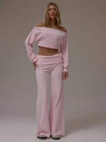 MUSERA Long Sleeve Off The Shoulder Cropped Cuffed Sleeve Top Casual Airport Loungewear Fall Elegant Spring Summer - Baby Pink - View 5