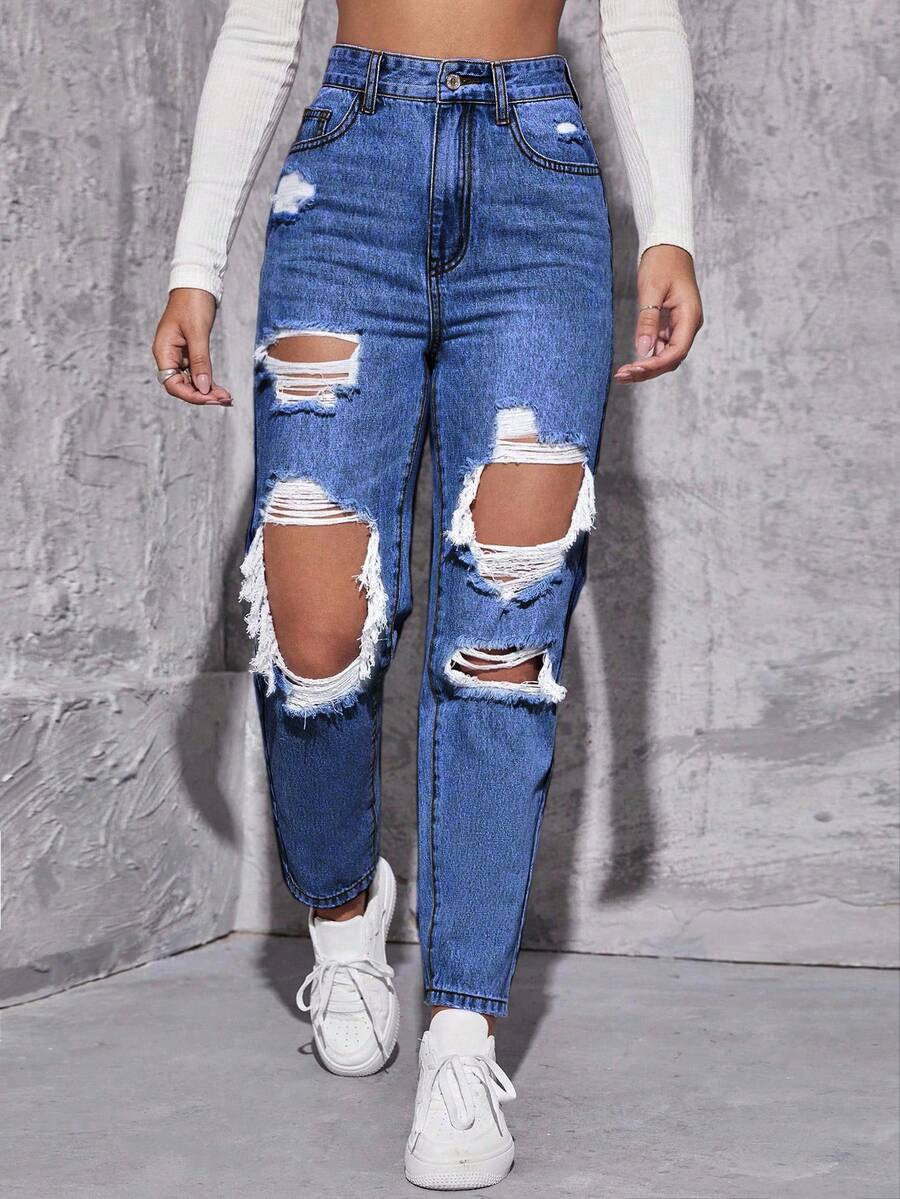 EURMUSE Women's High Waist Pockets Distressed Casual Versatile Denim Jeans - Dark Wash - View 1