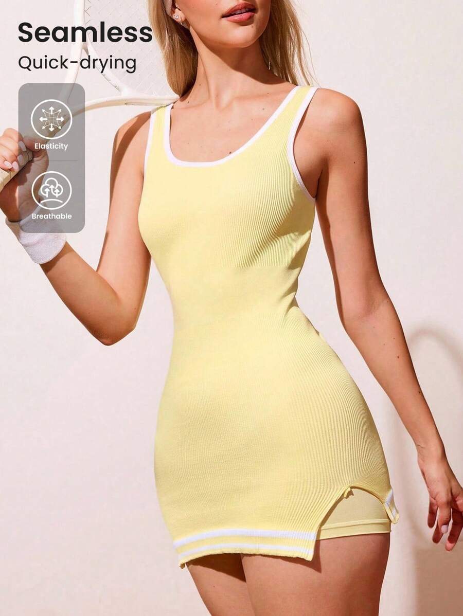 Sovereign Charm Vestido deportivo sin espalda con ribete de contraste para mujer en verano - Amarillo - Ver 1