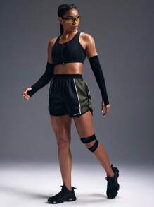 Powerista Pantalones cortos deportivos casuales de cintura alta con bloques de color - Negro - Ver 6