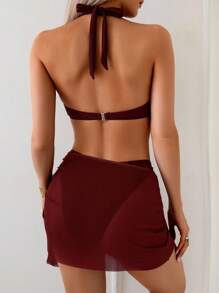 Swim Chiccia 3 件套女士性感复古优雅浪漫假日沙滩装，包括比基尼、泳衣和裙子 - 酒紅色 - 查看 2