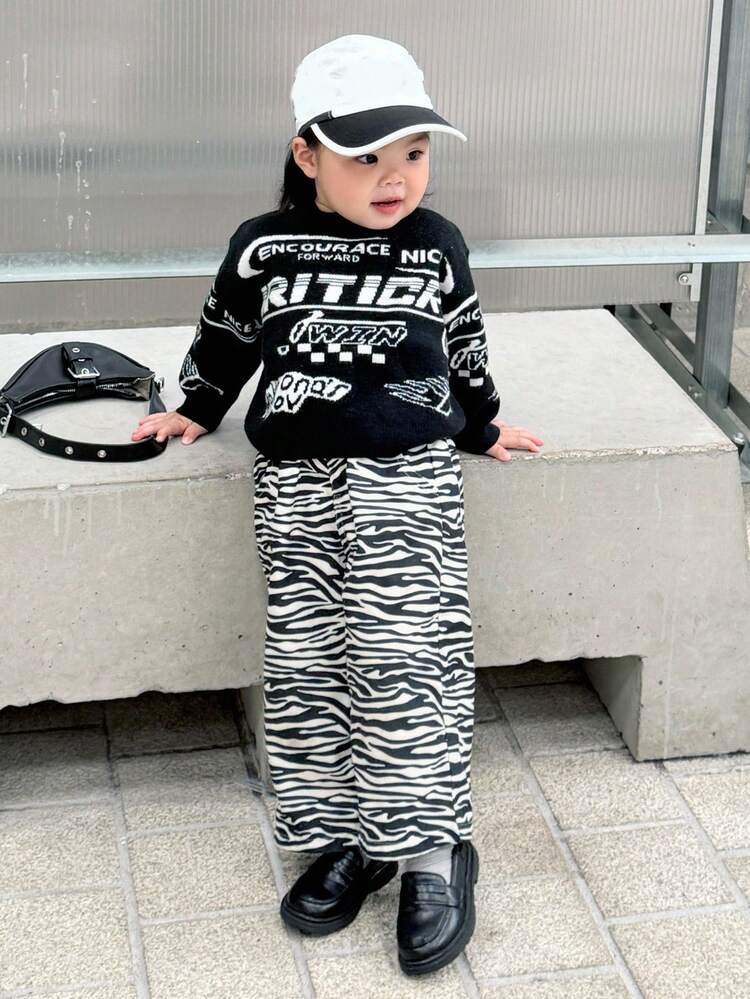 Baby Girl Letter Color Block Korean Casual Long Sleeve Sweater Fall, Winter Toddler Girls Clothes