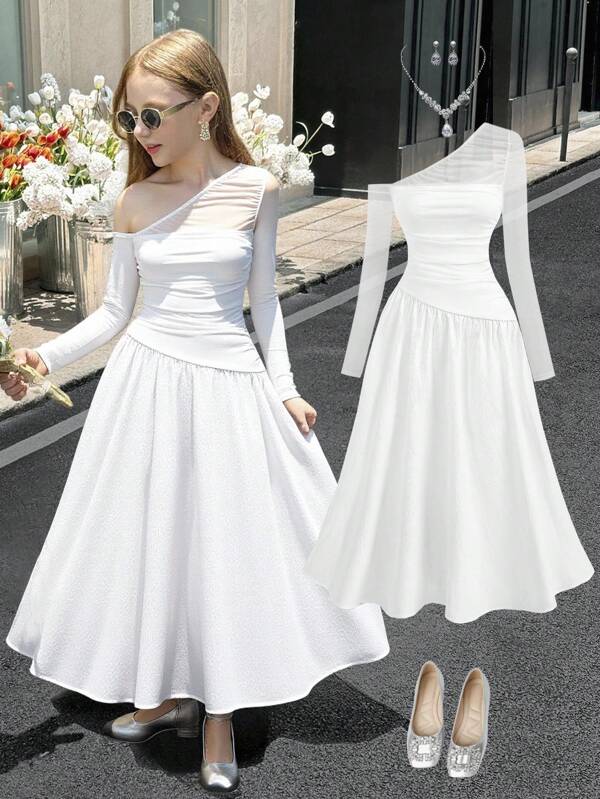 SHEIN Tween Girl Asymmetrical Pleated Sheer Sleeve Long Sleeve White Dress, Party Dress, White Graduation Dress, Tween White Dress, Girls White Dress, Girls Long Dress, White Dress For Kids, White Dress For Girls, Girls White Dress, Back To School Clothes Girls, Girls Back To School Outfits