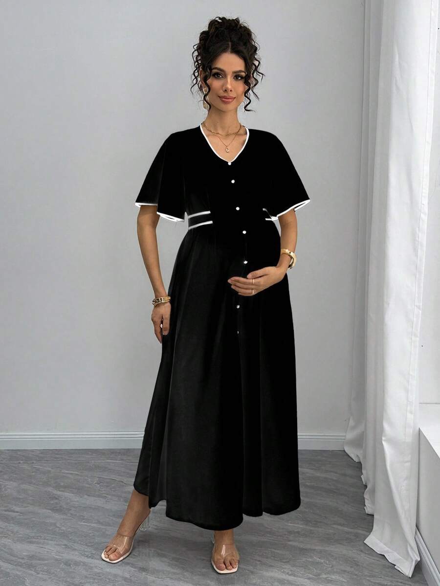 Momance Elegant Maternity Dress With Contrast Trim, Summer - Black - View 1