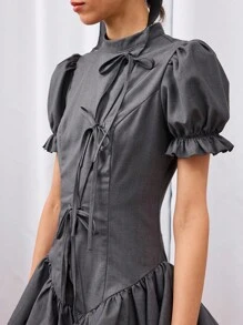 COUREZ 短袖泡泡迷你连衣裙，正面蝴蝶结装饰 / Y2K 迷你连衣裙 可爱秋季女装 秋季外出穿搭 外出礼服 婚礼宾客礼服 约会之夜装扮 女士优雅 - 深灰色 - 查看 6