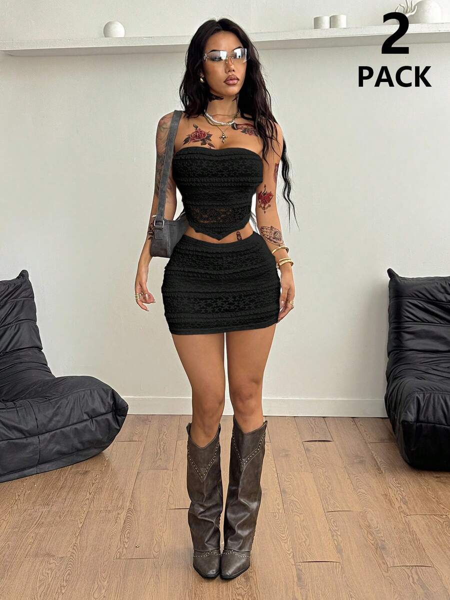 Coolane 女士夏季节日街头服饰西部风波西米亚海滩装 Y2K Gyaru 蕾丝修身抹胸和荷叶边半身裙白色两件套服装 - 黑色 - 查看 1