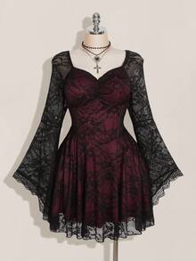 Hourglow Plus Size Square Neck Ruched Lace Flare Sleeve Contrast Color Goth Dress, Y2K Party Dress, Halloween Costume, Witch Vampire Dress - Multicolor - View 3