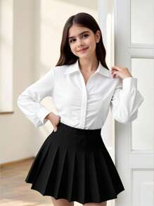 SHEIN Tween Girl Casual Academy Commute Elegant Fitted Collared Button-Front Ruched Gathered Long Sleeve Blouse White Suitable For Back To School, Outings, Parties, Gatherings And More - White - View 9