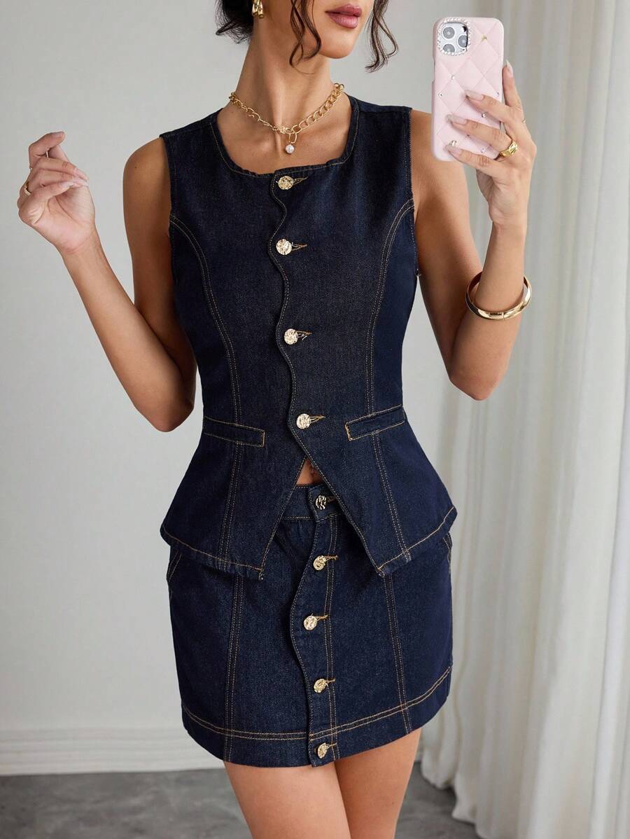 Elenzga Women's Ruffled Collar Sleeveless Washed Denim Blouse ,Casual Elegant Lady - Dark Wash - View 1