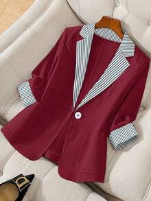 Franclia 女士秋冬条纹拼布长袖纽扣西装外套、休闲和办公室服装 - 酒紅色 - 查看 1