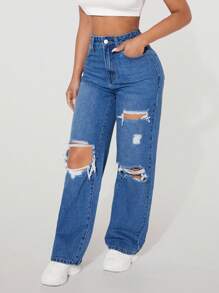 SHEIN PETITE Women's High Waist Pockets Distressed Wide Leg Loose Casual Versatile Denim Jeans - Blue - View 4