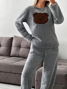 EURMUSE Femmes 2 pièces Ensemble de pyjama mode avec détail d'ours en peluche doux et visage brodé - Gris - Voir 4
