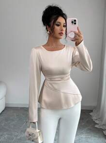 Elenzga Blusa elegante feminina de cetim com cintura marcada e manga comprida e gola redonda - Damasco - Ver 1