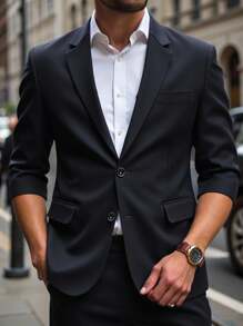 Manfinity Bizformal Traje de blazer y pantalones de cuello de solapa liso de manga 3/4 para hombre - Azul Marino - Ver 3