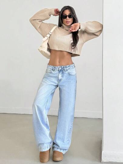 EURMUSE Casual LÅG RISE WIDELEG BABY BLÅ 90-TALS JEANS