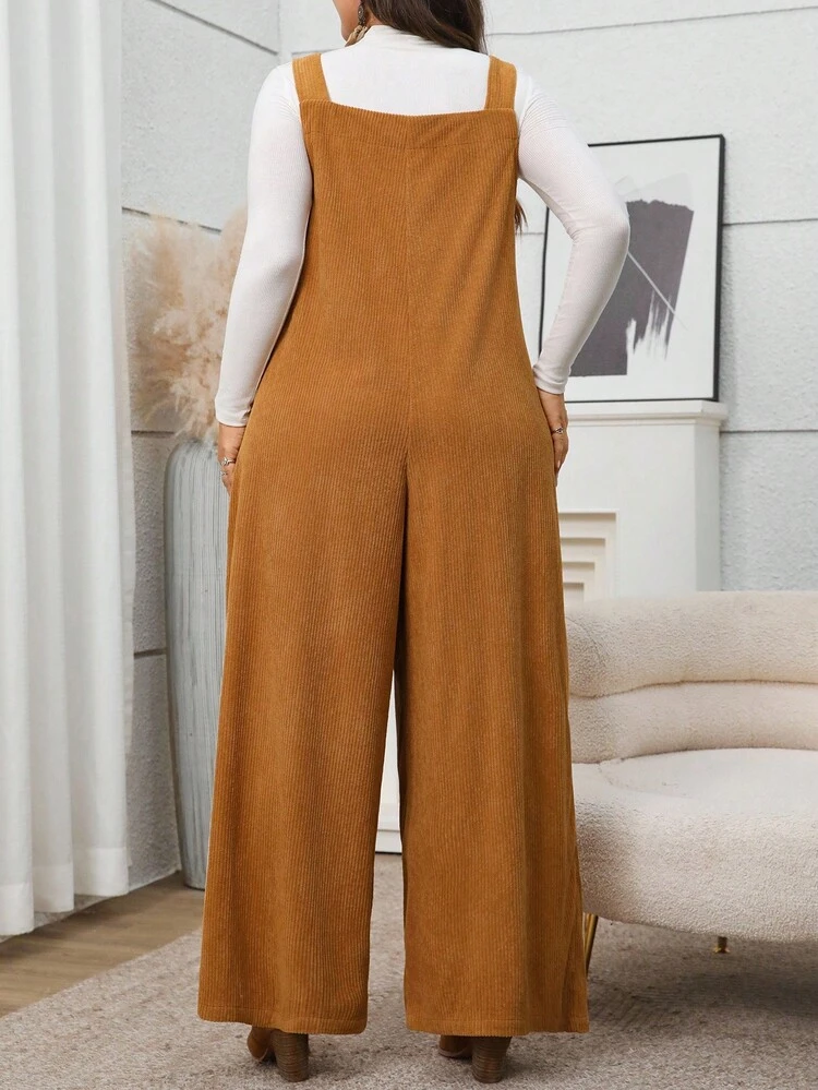 Plus Size Women Solid Color Pocket Pleated Wide Leg Loose Casual Jumpsuit Brown Jumpsuit Women Casual Jumpsuits For Woman