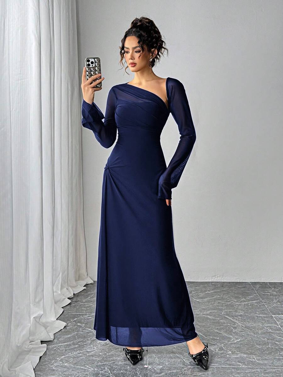 Siren Gaze 秋季女式网眼修身长袖A字下摆长裙 - 藏蓝色 - 查看 1