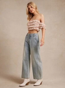 WESTFADE Mid Rise Cotton Blend Denim Loose Fit Barrel Leg Jeans Western Boho Cowgirl Summer Beach Vacation - Light Wash - View 3