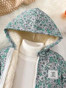 SHEIN Vintaside Kids 复古碎花连帽夹克，适合女婴，拉链开合，保暖内衬，休闲时尚冬季外套 - 彩色 - 查看 4