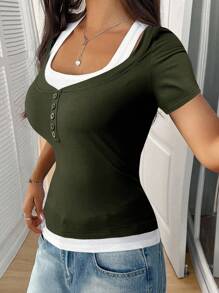 Chiquease Thiết kế áo thun bó sát 2 trong 1 phối màu thời trang - Màu xanh Ô liu - Xem 5