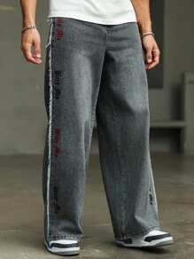 Manfinity Homme Men's Pocketed Wide Leg Jeans With Letter Embroidery And Frayed Hem - Grey - View 5