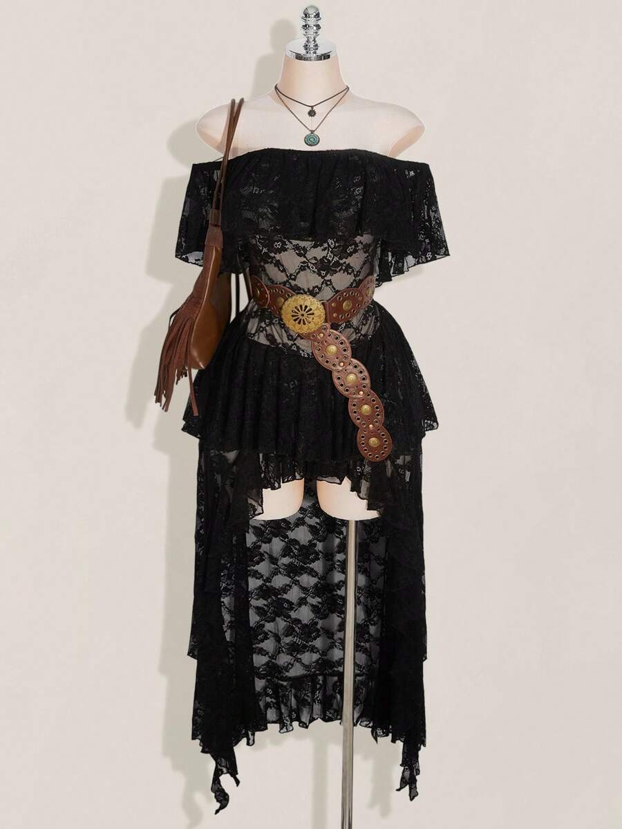 SHEIN ICON Plus Size Off Shoulder Ruffle Lace Tiered Short Front Long Back Dress, Boho, Vacation - Black - View 1