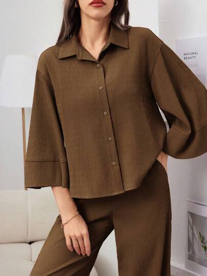 Mulvari Women's Solid Color Single Breasted Flare Sleeve Casual Top And Pants Set 2 Pieces Set