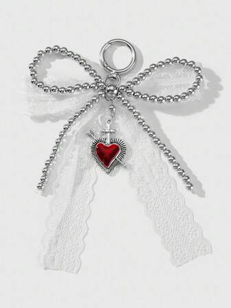 Kawaii 1 pieza Accesorio colgante de llave, bolso o adorno estilo Y2K retro y elegante, hecho a mano con cuentas plateadas CCB, encaje blanco, moño y corazón con gota de aceite rojo, adecuado para mujeres, uso diario y regalo de vacaciones