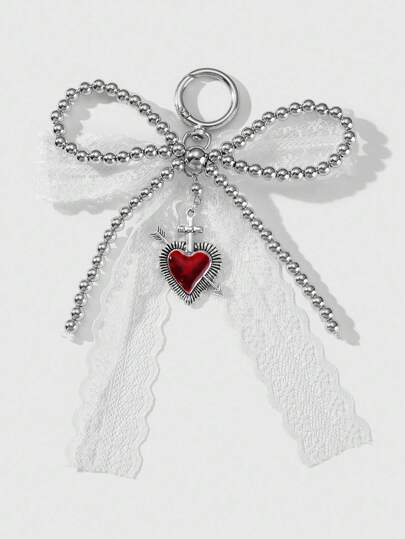 Kawaii 1pc Y2K Chic Retro High-End Handmade Beaded Silver CCB White Lace Bow Red Drip Oil Heart-Piercing Pendant DIY Keychain Bag Charm, Suitable For Women, Daily Wear, Holiday Gift