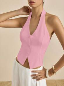 Airaco Áo ba lỗ hở lưng một hàng khuy đơn màu mùa hè dành cho nữ - Hồng - Xem 5