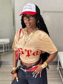 Coolane 女式夏季酷女孩街头服饰外出运动复古透气网眼图案棒球超大 V 领卡其色针织 T 恤 - 彩色 - 查看 3