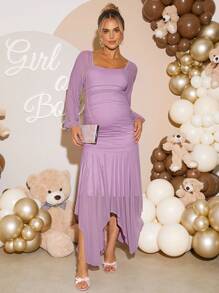 Loomaby Đầm bầu màu trơn cổ vuông tay đèn lồng viền đuôi cá nhún bèo thanh lịch - Màu tím - Xem 7