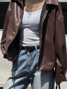 DAZY Lapel Zipper Loose Casual Boyfriend Style Motorcycle Leather Jacket Women Coats - Brown - View 3