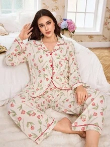 CottageSlumber Floral Print Lapel Top & Pants Plus Size Pajama Set Women Pajama Set Floral Pajama Set Sleepwear, Fall Winter Clothes - Multicolor - View 1
