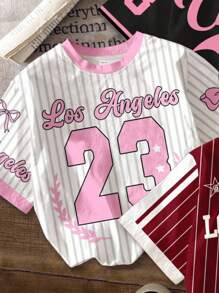 休闲图案条纹数字 23 和字母印花 T 恤，白色、复古红色、黑色和粉色，年轻女孩基本款圆领短袖 T 恤，撞色条纹，适合春夏季 - 彩色 - 查看 5