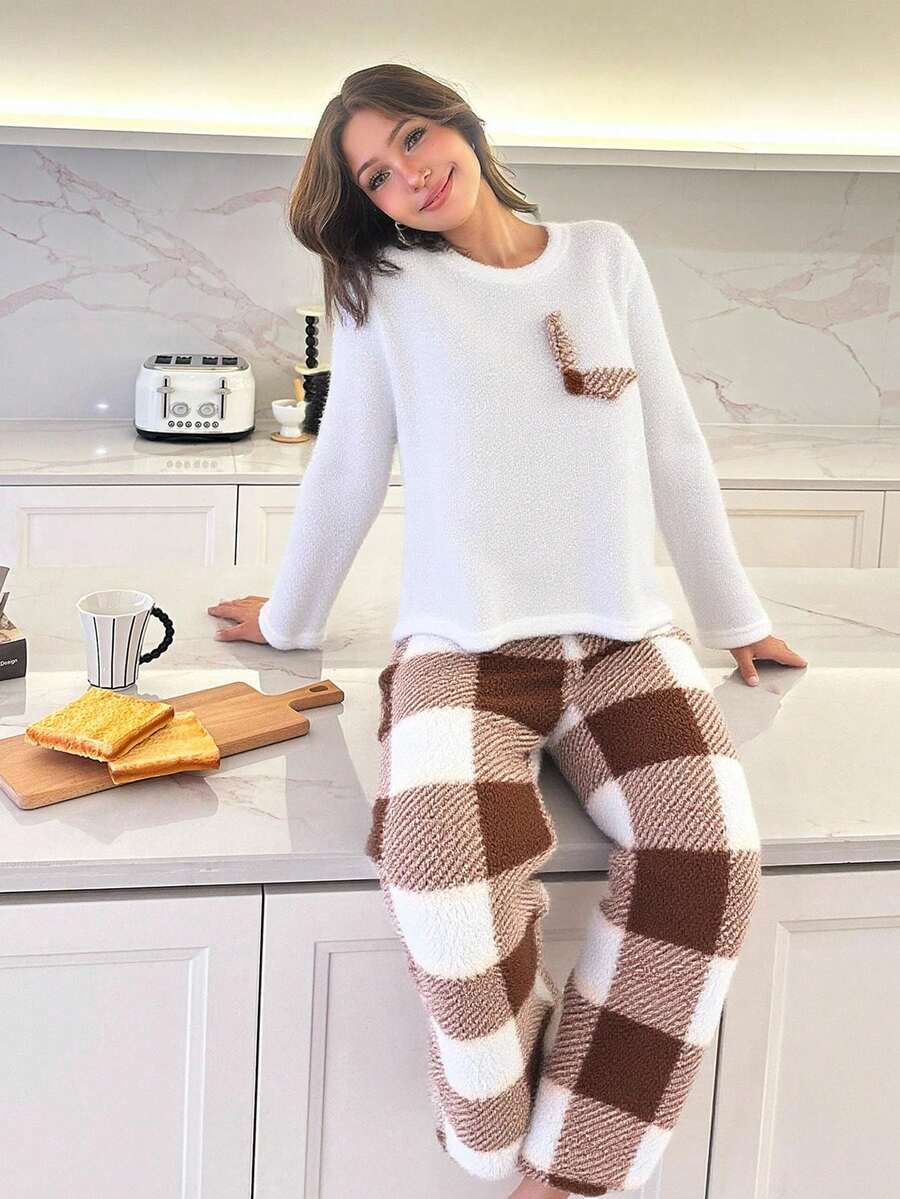 SHEIN 2pcs Teen Girl Plaid Pocket Decor Round Neck Long Sleeve Pajama Set With Plaid Pants, Comfortable Flannel Sleepwear For Autumn/Winter - Khaki - View 1