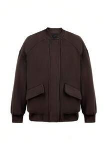 INAWLY 女士纯色落肩长袖宽松休闲棒球领夹克