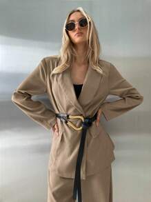 Aloruh Women's Elegant Khaki Summer Business Casual Office Suit Set,Long-Sleeved Jacket,High Waist Wide-Leg Pants,Simple Basic Commuting 2pce Autumn/Winter - Khaki - View 5