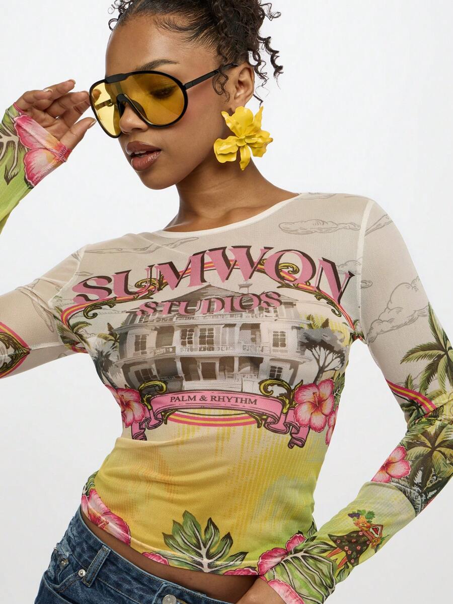 SUMWON WOMEN 夏威夷风情印花长袖网眼纽扣衬衫 花卉芙蓉海滩别墅夏季度假胜地棕榈系列轻盈飘逸热带岛屿上衣 - 彩色 - 查看 1