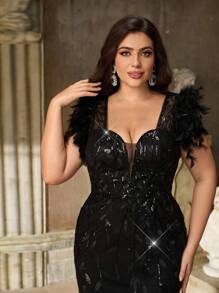 Aureia Elegancka, luksusowa, czarna, głęboko wycięta w serek sukienka mini z głębokim dekoltem w serek i piórkowym zdobieniem w talii, prześwitująca, dopasowana, wysoka talia, odpowiednia na randki, imprezy dla singli, ukończenie szkoły, wesele, koktajle - Czarne - Zobacz 5