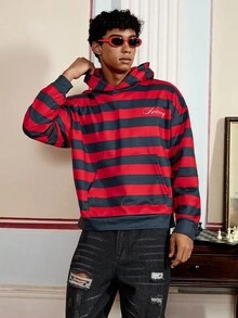 SWAVVY Men's Casual Hoodie With Digital Print Red And Black Striped Long Sleeve Sweatshirt, Spring/Autumn, For Fall Winter - Multicolor - View 8