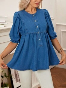 SHEIN Maternity Casual Commuter Puff Sleeve Denim Blouse