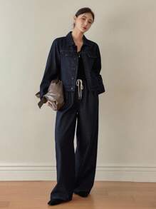 Dazy-Less Women's Loose Business Casual Cargo Style Denim Jacket And Pants Set With Large Pockets, Drawstring, Tie Waist, Autumn/Winter,Fall Women Clothes - Black - View 3