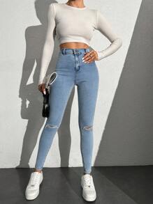 EURMUSE High Waist Ripped Skinny Jeans - Royal Blue - View 5