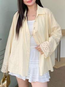 Dazy Plus Áo sơ mi vàng cỡ lớn dành cho nữ có cổ, tay rộng, họa tiết ren và sọc tương phản, áo dài tay mùa thu - Màu vàng - Xem 4