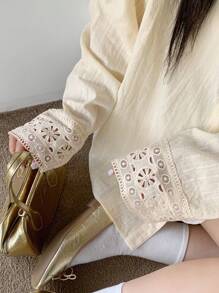 Dazy Plus Áo sơ mi vàng cỡ lớn dành cho nữ có cổ, tay rộng, họa tiết ren và sọc tương phản, áo dài tay mùa thu - Màu vàng - Xem 5