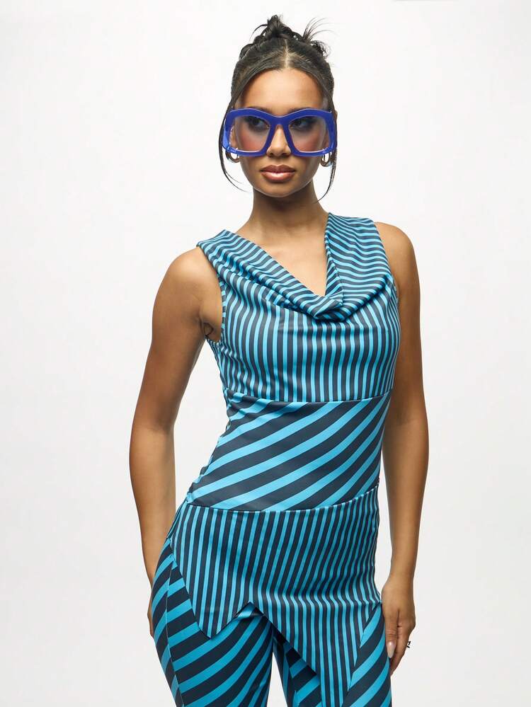 SUMWON WOMEN Striped Hooded Jumpsuit With Cowl Neck