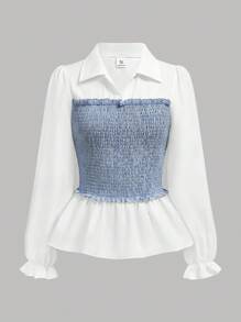 SHEIN Girlism 2 件套青少年女孩纯色拼布长袖休闲上衣和裤子套装，适合春秋冬季优雅休闲装 - 藍白色 - 查看 6