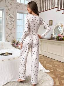 CottageSlumber Cherry Print Half-Buttoned Long Sleeve Top And Pants Pajama Set Holiday Season Bountiful Floral Splendor, Fall Winter Clothes Cozy And Elegant Details - Apricot - View 2