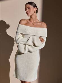 CLARA VERO Langes Pulloverkleid mit Schulterausschnitt und Rippstrick - Oversized Longline Pullover in Beige - Aprikosenfarben - Übersicht 3